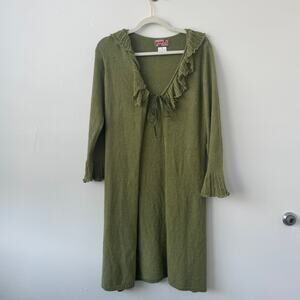 Vintage April Cornell Green Ruffle Trim Long Cardigan Sweater